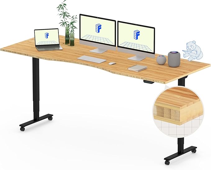 FLEXISPOT E6 MAX Bamboo 78x30 Inch Dual Motor 3-Stage Heavy Duty Standing Desk, 330lbs Weight Capacity, Height Adjustable Desk w/Cable Management & Wheels (Solid Bamboo Curved Desktop + Black Frame)