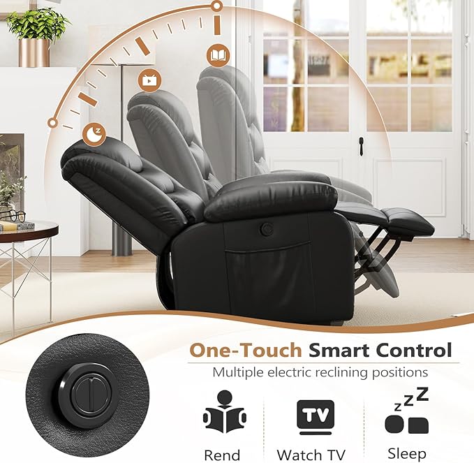 ANJ Black Power Lift Recliner Chair with Massage and Heat, PU Leather Overstuffed Electric Lift Chair for Elderly, Oversized Single Sofa Recliner with Side Pockets, Remote Control