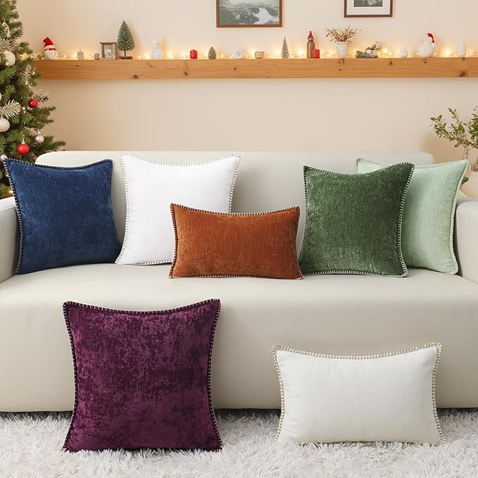decorUhome Christmas Chenille Soft Throw Pillow Covers 12x20 Set of 2, Lumbar Velvet Farmhouse Neutral Decorative Euro Pillow Covers with Stitched Edge for Couch Sofa Bed Home Decor, Rhododendron