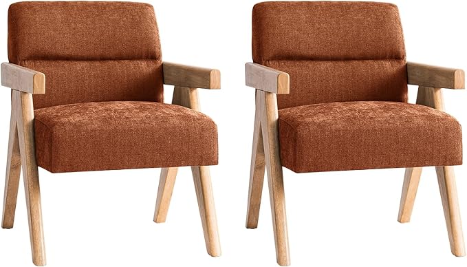 HULALA HOME Modern Accent Chair, Upholstered Arm Chair with Solid Wood Frame, Comfortable Padded Seat and Back, for Living Room, Bedroom Set of 2, Rust