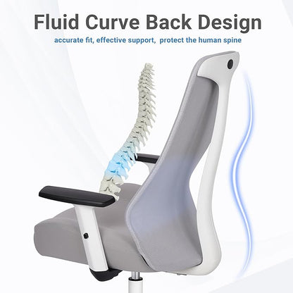 HYLONE Office Chair, 5" Thickened Seat Ergonomic Desk Chair with Adjustable Armrests, Home Office Computer Chairs for Long Hours Mesh Executive Chair(White Base&Grey)