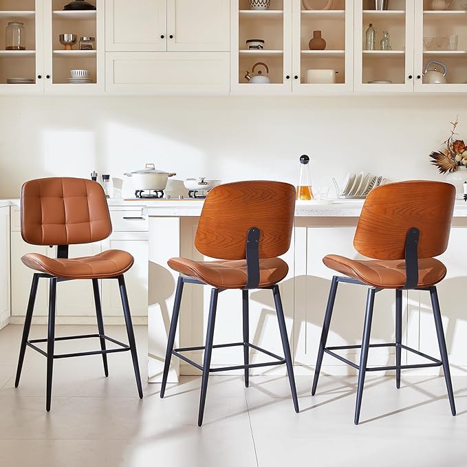 Mid Century Modern Bar Stools Set of 3 for Kitchen Island,Upholstered Brown Faux Leather Counter Height stools,26 Inch Counter stools with Walnut Grain Back