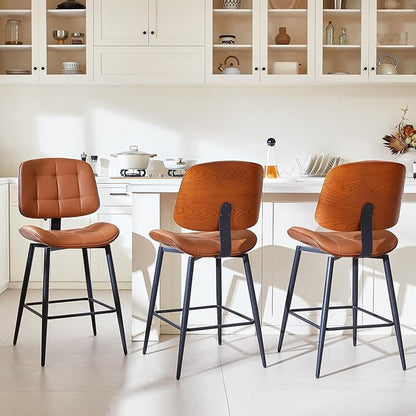 Mid Century Modern Bar Stools Set of 3 for Kitchen Island,Upholstered Brown Faux Leather Counter Height stools,26 Inch Counter stools with Walnut Grain Back
