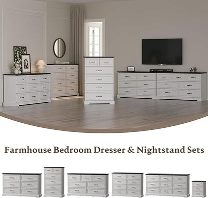 Farmhouse 6 Drawers Dresser for Bedroom, 49" Tall Modern Chest of Drawers with Deep Drawers & Bar Handles, Rustic Wood Dresser TV Stand, Wooden Closet Storage Organizer for Living Room, Hallway, White