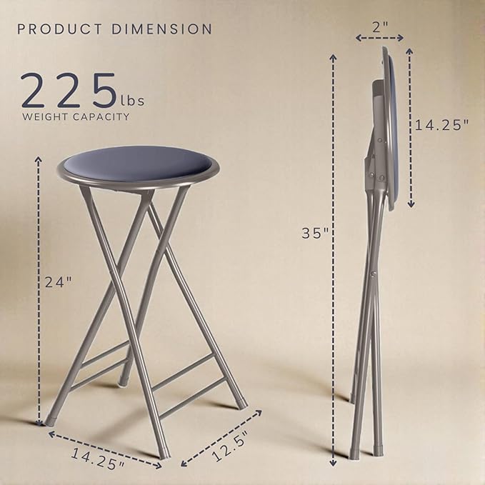 Lavish Home Counter-Height Bar Stools - Set of 2 Heavy-Duty 24-Inch Backless Folding Chairs with 225 LBS Capacity for Kitchen or Rec Room (Gray)