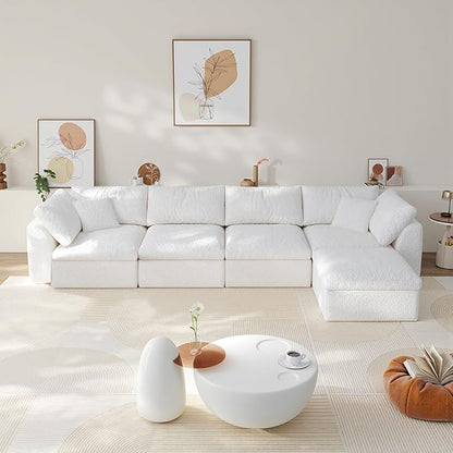138" Boneless Cloud Couch Modular Sectional Sofa with Deep Seat for Living Room, L Shape Couch with Ottoman, Snowflake Cloth and 40D Memory Sponge，2 Throw Pillows (White, 4 Seater+1 Ottoman)