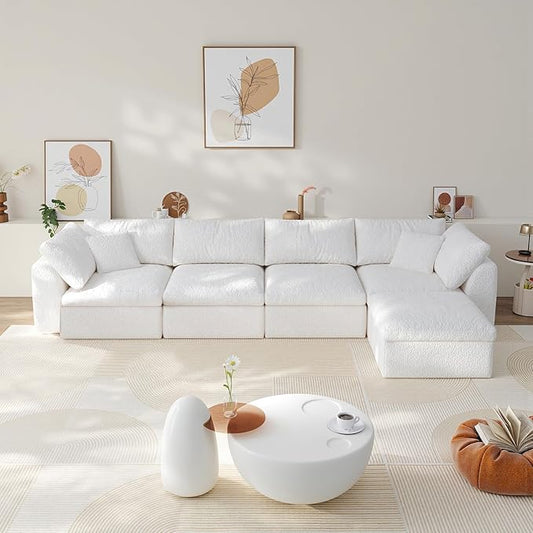 138" Boneless Cloud Couch Modular Sectional Sofa with Deep Seat for Living Room, L Shape Couch with Ottoman, Snowflake Cloth and 40D Memory Sponge，2 Throw Pillows (White, 4 Seater+1 Ottoman)