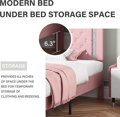 BarnFurin Twin Bed Frame with Headboard, Faux Leather Upholstered Bed with Diamond Tufted Design, Princess Twin Bed Frames for Kids, No Box Spring Required, Easy Assembly, Pink