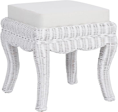 JONATHAN Y VSL1000D Rowan 19.7" Bohemian Designer Woven Rattan/Wood Ottoman Vanity Stool, White Cushion Seat with White Distressed Binded Base, for Living Room, Bedroom, Entryway, Foyer