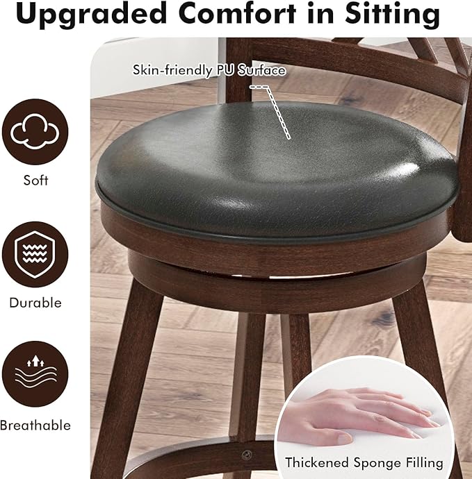 COSTWAY Bar Stool Set of 2 for Kitchen Island, Swivel Upholstered Counter Height Barstools with PU Surface, Rubber Wood Frame, 360° Rotatable Seat, Curved Back, Sturdy Footrest (2, 24" Seat Height)