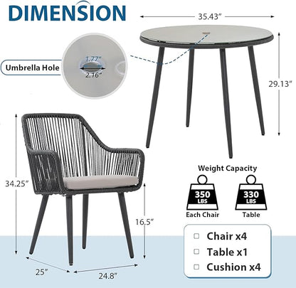 JOIVI 5 Piece Outdoor Dining Set, Wicker Patio Furniture Dining Chairs and Table Set with Cushions for 4 People, Tempered Glass Tabletop with 2.16” Umbrella Hole, for Lawn, Backyard, Garden, Black