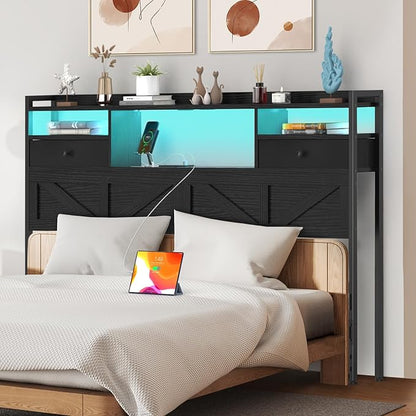 King Size Headboard with Drawers, Outlets & USB Ports,Sturdy Wood Bed Frame with Adjustable Height, Built-in LED Lighting (Black, King 75.2 * 7.08 * 45.7)