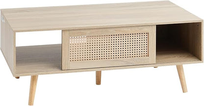 VEVOR Rattan Coffee Table, Mid Century Modern Table, Rectangle Wood Table, 42 Inch Modern Boho Style Two Layers Storage Coffee Table, for Living Room, Bedroom & Small Spaces