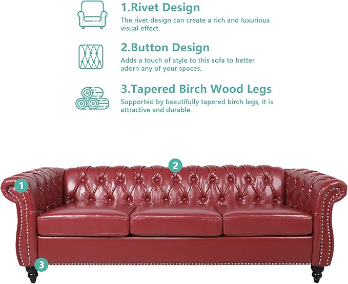 2 Piece Living Room Sofa Set, 3 Seater Faux Leather Sofa Couch and Chair Set, Mid Century Modern Upholstered Couch with Cushions, Comfy Tufted Chesterfield Couches for Bedroom, Office (Wine Red)