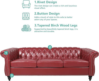 2 Piece Living Room Sofa Set, 3 Seater Faux Leather Sofa Couch and Chair Set, Mid Century Modern Upholstered Couch with Cushions, Comfy Tufted Chesterfield Couches for Bedroom, Office (Wine Red)