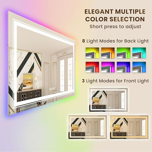 WTTY LED Bathroom Mirror 48"x30" with RGB Backlit and Front Light,Stepless Dimmable LED Mirror for Bathroom,Lighted Bathroom Vanity Mirror,Anti-Fog,Memory Function,Shatter-Proof,Wall Mounted