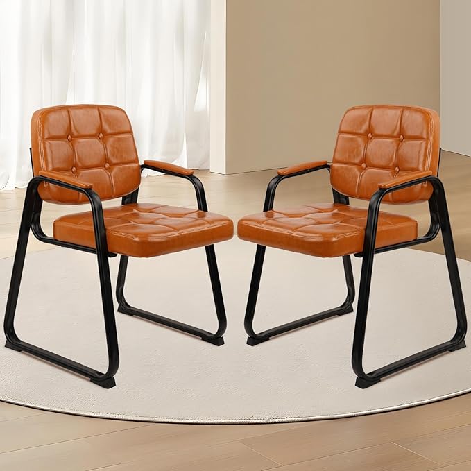 CLATINA Waiting Room Chairs with Padded Arms Leather Guest Chair no Wheels for Office Reception and Conference Desk with Sled Base Orange, 2PK