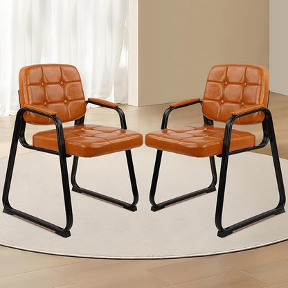 CLATINA Waiting Room Chairs with Padded Arms Leather Guest Chair no Wheels for Office Reception and Conference Desk with Sled Base Orange, 2PK