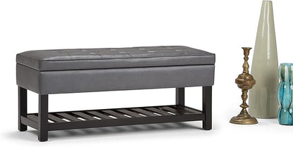SIMPLIHOME Cosmopolitan 44 inch Wide Transitional Rectangle Storage Ottoman Bench with Open Bottom in Stone Grey Vegan Faux Leather, Assembled for the Living Room and Bedroom