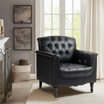 Faux Leather Accent Chair, PU Leather Modern Comfy Upholstered Armchair with Wood Legs & Nailhead Trim for Living Room, Bedroom (Black,Set of 1)