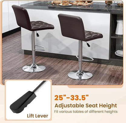 COSTWAY Bar Stools Set of 2, Modern PU Leather Swivel Bar Chairs, Height Adjustable Upholstered Barstools with Premium Gas Rod, Sturdy Footrest, Round Base, for Kitchen, Dining Room, Office,Brown