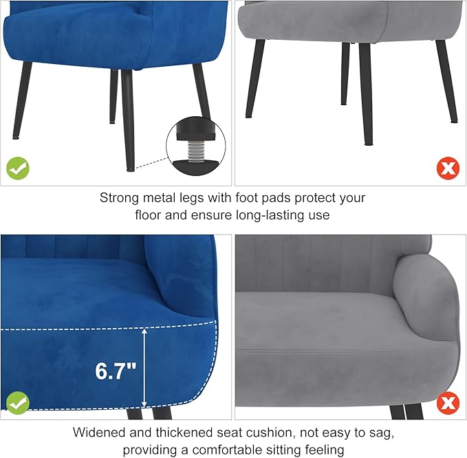 Velvet Accent Chair, Upholstered Modern Leisure Single Sofa Side Living Room Chair, Comfy Tufted Back Armchair with Metal Legs for Waiting Room/Bedroom/Office/Reading Room, Blue