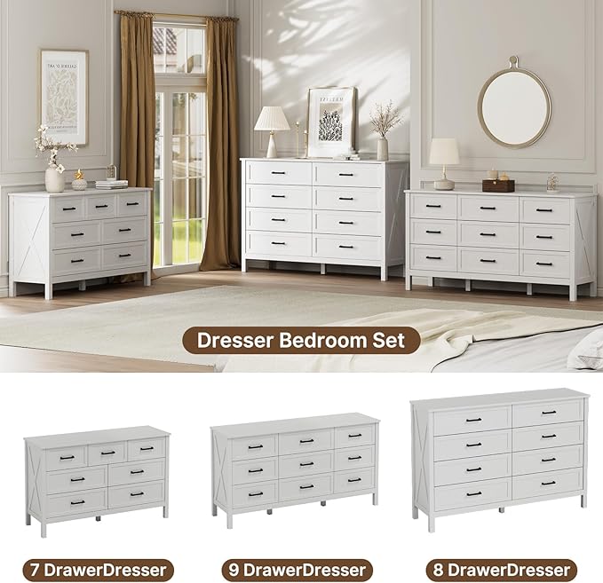 LYNSOM Farmhouse 7 Drawers Dresser for Bedroom, Wood Rustic Wide Chest of Drawers with Deep Drawers, Metal Handle, Storage Dressers Organizer for Hallway