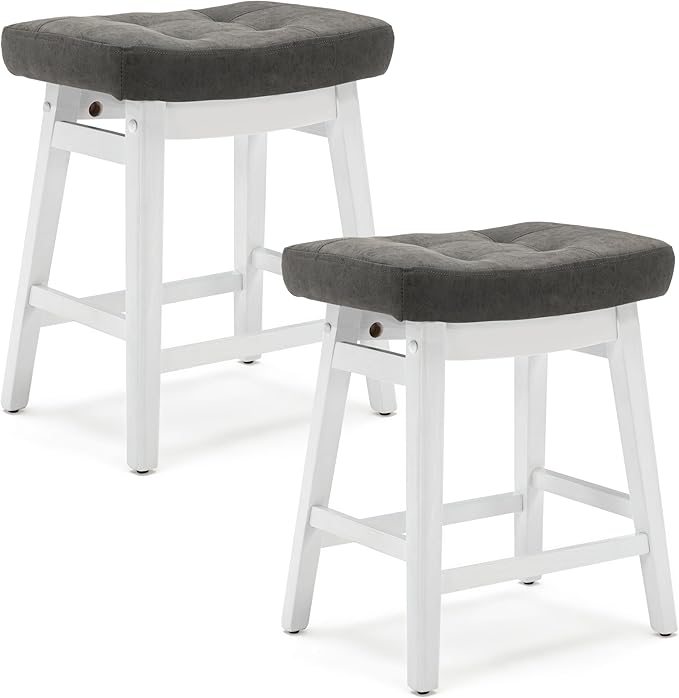 Counter Height Bar Stools Set of 2 for Kitchen Counter Farmhouse Modern Barstools with Faux Leather Upholstered Backless Seat and Solid Wood Legs 24 inch Bar Chairs, Grey + White