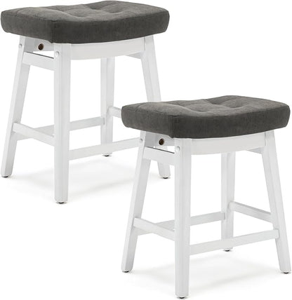 Counter Height Bar Stools Set of 2 for Kitchen Counter Farmhouse Modern Barstools with Faux Leather Upholstered Backless Seat and Solid Wood Legs 24 inch Bar Chairs, Grey + White