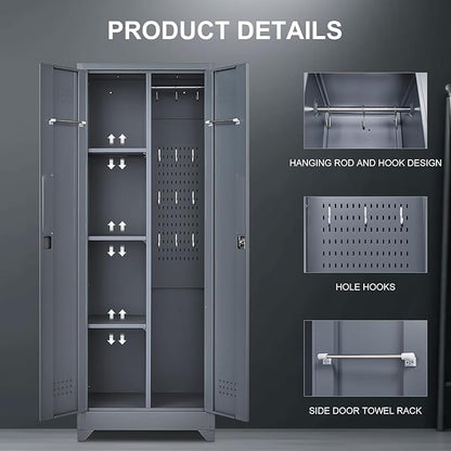 FLEXIMOUNTS 65'' Tall Metal Storage Cabinet with Locking Door, Large Cleaning Tool Organizer for Brooms, Garage, Laundry Room, Bathroom, Dark Grey