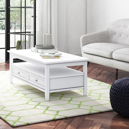 SIMPLIHOME Warm Shaker Coffee Table - 48 inch Wide Solid Wood Cocktail Table in White, Transitional Living Room Table with 2 Storage Drawers and Open Shelf for Sitting Area or Lounge