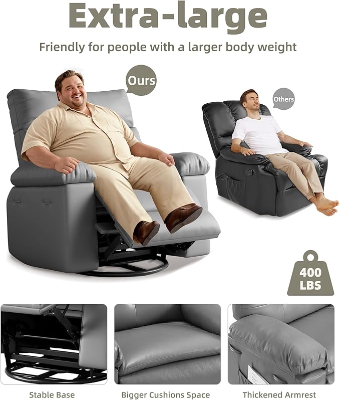 GarveeHome Oversized 27" Recliner Chairs, Classic Manual Leather Recliner, Home Theater Seating with Lumbar & Arms Support for Living Room, Bedroom and Nursery - Grey