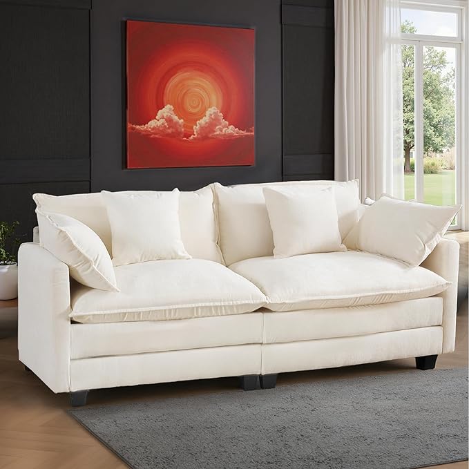 77" Cloud Chenille Sofa Set with Pillows, Deep Seat Loveseat Couch for Apartments, Space Saving 2-Seater with Solid Wood Frame, Easy Assembly (1YR Guarantee)