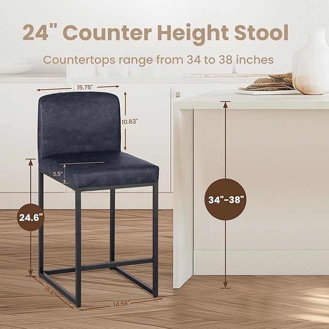 PHI VILLA Bar Stools Set of 3 - Counter Height Bar Stool Faux Leather Barstools with Back, 24" Bar Chairs