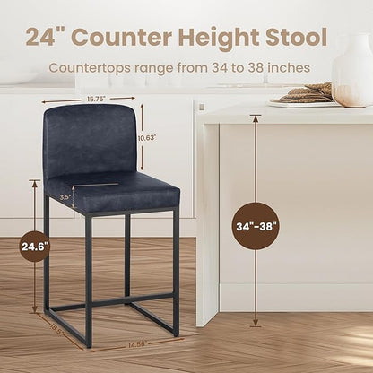 PHI VILLA Bar Stools Set of 4 - Counter Height Chairs Faux Leather Barstools 24 inch Bar Stool, Kitchen Stool with Back