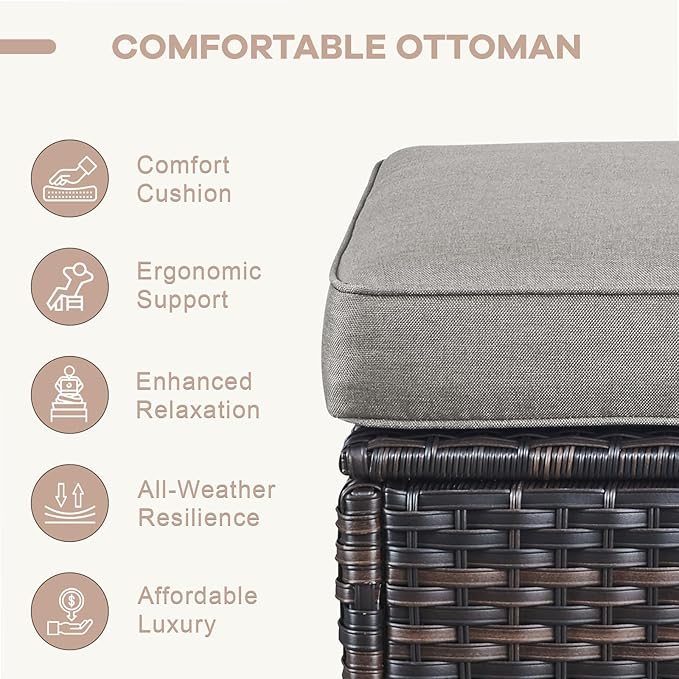 Swivel Patio Chairs sofa Set of 7 with 6" Thick Cushion - Wicker Outdoor Swivel Rocker Patio Chair ,Sofa/Glass coffee table, High Back Comfortable Outdoor Glider Chairs - Brown Wicker | Gery Cushions