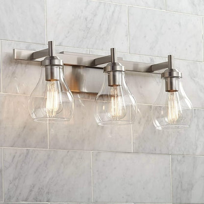 Possini Euro Design Danvers Modern Wall Mount Light Brushed Nickel Silver Hardwired 21" Wide 3-Light Fixture Clear Glass Globe Shade for Bathroom Vanity Mirror House Home Room Decor