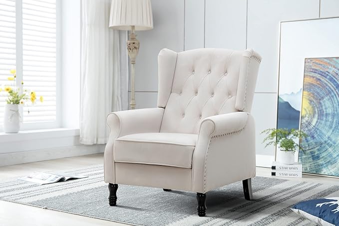 Artechworks Winged Velvet Modern Accent Chair Tufted Arm Club Chair Linen Single Sofa with Wooden Legs Comfy Upholstered for Reading Living Room Bedroom Office, Beige