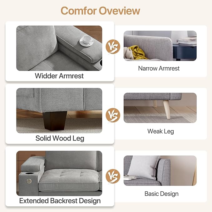 74" Loveseat Couch for Living Room,Modern Chenille Upholstered Sofa with Adjustable Storage Armrest,Cup Holders,USB & Type-C Ports,Solid Wood 2-Seater Loveseat Sofa for Apartment(Gray)