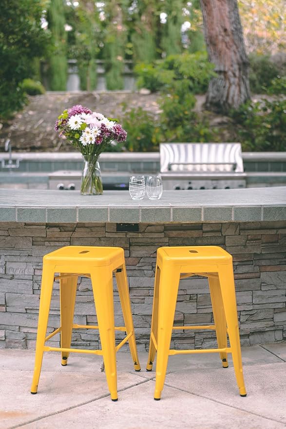Vogue Furniture Direct 24" High Bar Stools Backless Yellow Metal Barstools Indoor-Outdoor Counter Height Stools with Square Seat, Set of 2 - VF1571019