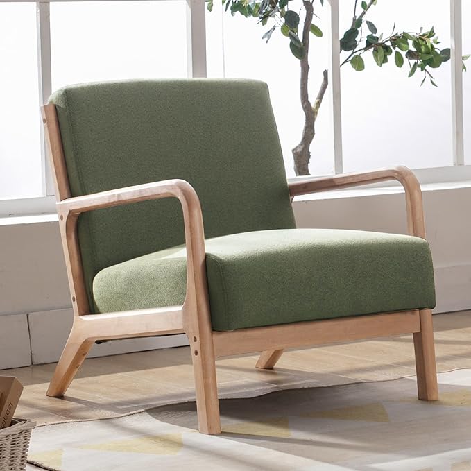 ANJ ANJHOME Mid Century Modern Accent Chair, Comfy Fabric Reading Chair with Solid Wood Frame, Easy Assembly Armchair for Living Room Blackish Green