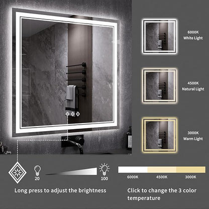 LED Mirror, 40x40 Inch Gradient Front and Backlight Bathroom Mirrors for Wall, 3 Colors Dimmable CRI>90 Double Lights, IP54 Enhanced Anti-Fog, Hanging Plates Wall Mount LED Vanity Mirror
