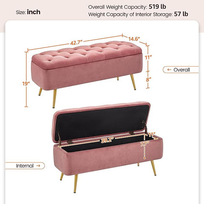 Yaheetech Ottoman with Storage, Velvet Entryway Bench with Safety Hinge, Upholstered Bench with Seating for Bedroom, Living Room, Holds up to 519 lb, Pink
