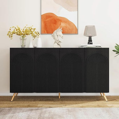 Sideboard Buffet Cabinet with Adjustable Shelves, Modern Storage Cabinet with Arched 3D Carved Wood Doors, Credenza Accent Cabinet for Living Room, Dining Room, Entryway (59" Arched Black, 1)