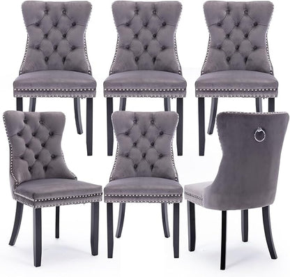 Velvet Upholstered Dining Chairs Set of 6, Modern Style Kitchen Side Chairs with Nailhead Trim and Wood Legs,Metal Pulling Ring for Dining Room Living Room(Grey,Set of 6)