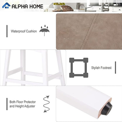 ALPHA HOME Bar Stools Set of 2, Solid Wood Saddle Kitchen Stools with Beige PU Leather Cushion Counter Height Barstools with Wooden Base for Kitchen Dining Cafe, 24 Inch, Beige, 2PCS