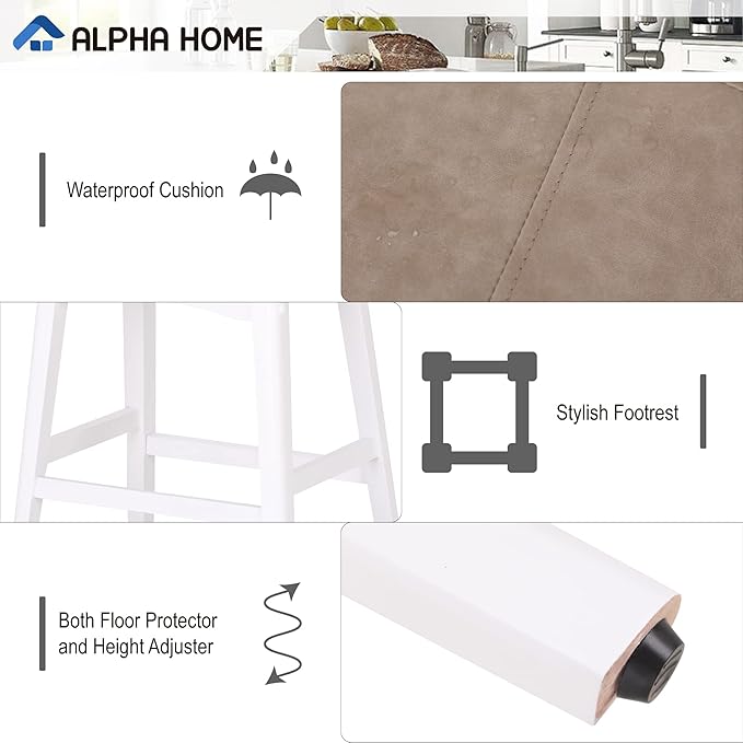 ALPHA HOME Bar Stools Set of 4, Solid Wood Saddle Kitchen Stools with Beige PU Leather Cushion Counter Height Barstools with Wooden Base for Kitchen Dining Cafe, 24 Inch, Beige, 4PCS