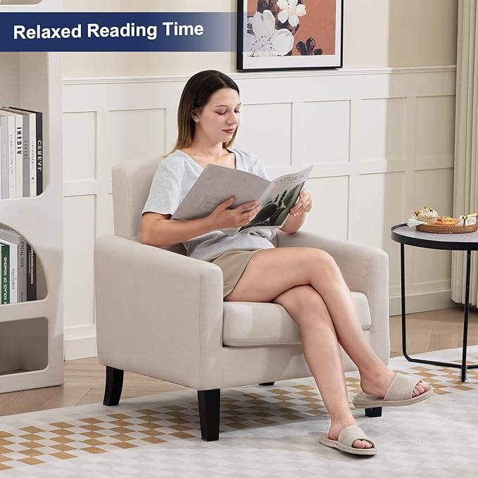 Accent Chair, Mid Century Modern Living Room Chairs Comfy Reading Chair with Upholstered Cushion Relax Armchair for Bedroom Apartment,Office, Begie
