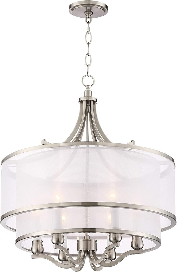 Possini Euro Design Luxe Nickel Pendant Light - 6 Light, Brushed Nickel Finish, White Organza Shade, Luxe Modern Pendant for Kitchen Islands, Dining Rooms, and Living Rooms - 26" Wide, 23" High