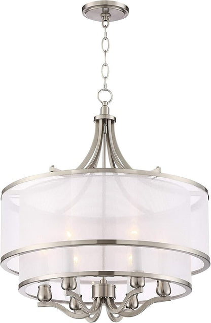 Possini Euro Design Luxe Nickel Pendant Light - 6 Light, Brushed Nickel Finish, White Organza Shade, Luxe Modern Pendant for Kitchen Islands, Dining Rooms, and Living Rooms - 26" Wide, 23" High